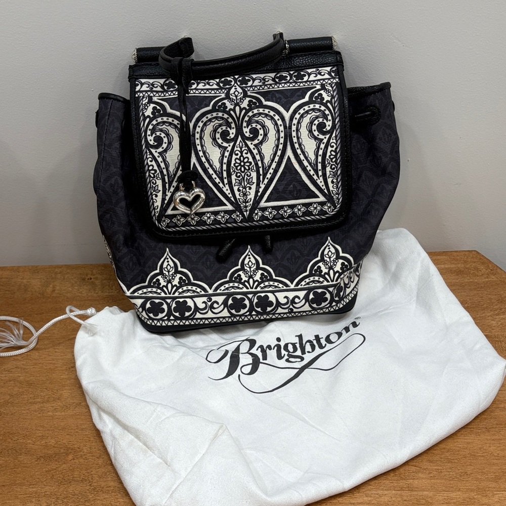 Brighton Casablanca Ornate Black and White Leather and Canvas Backpack/purse